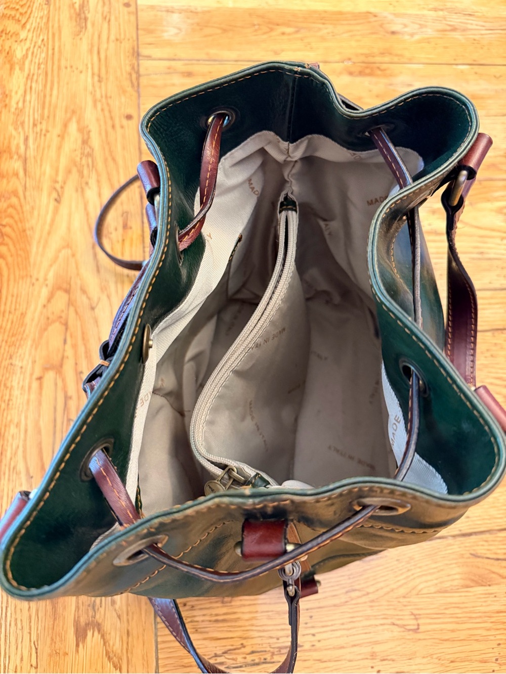 Time Resistance Green Italian Leather Drawstring Bucket Bag with Brown Trim - Picture 6 of 15